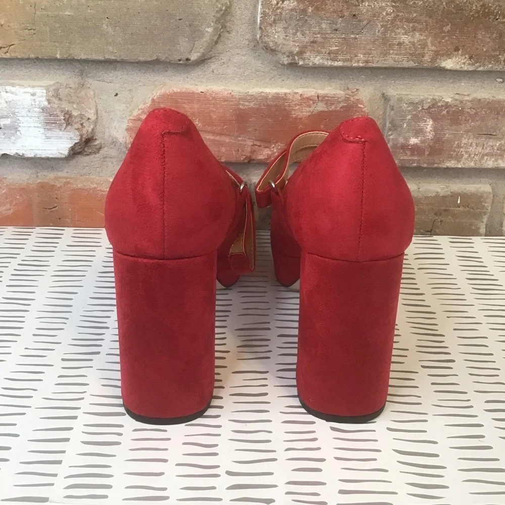 MARC FISHER Women's Red Suede NICOLY MaryJanes Chunky Platform Heels 7 NEW